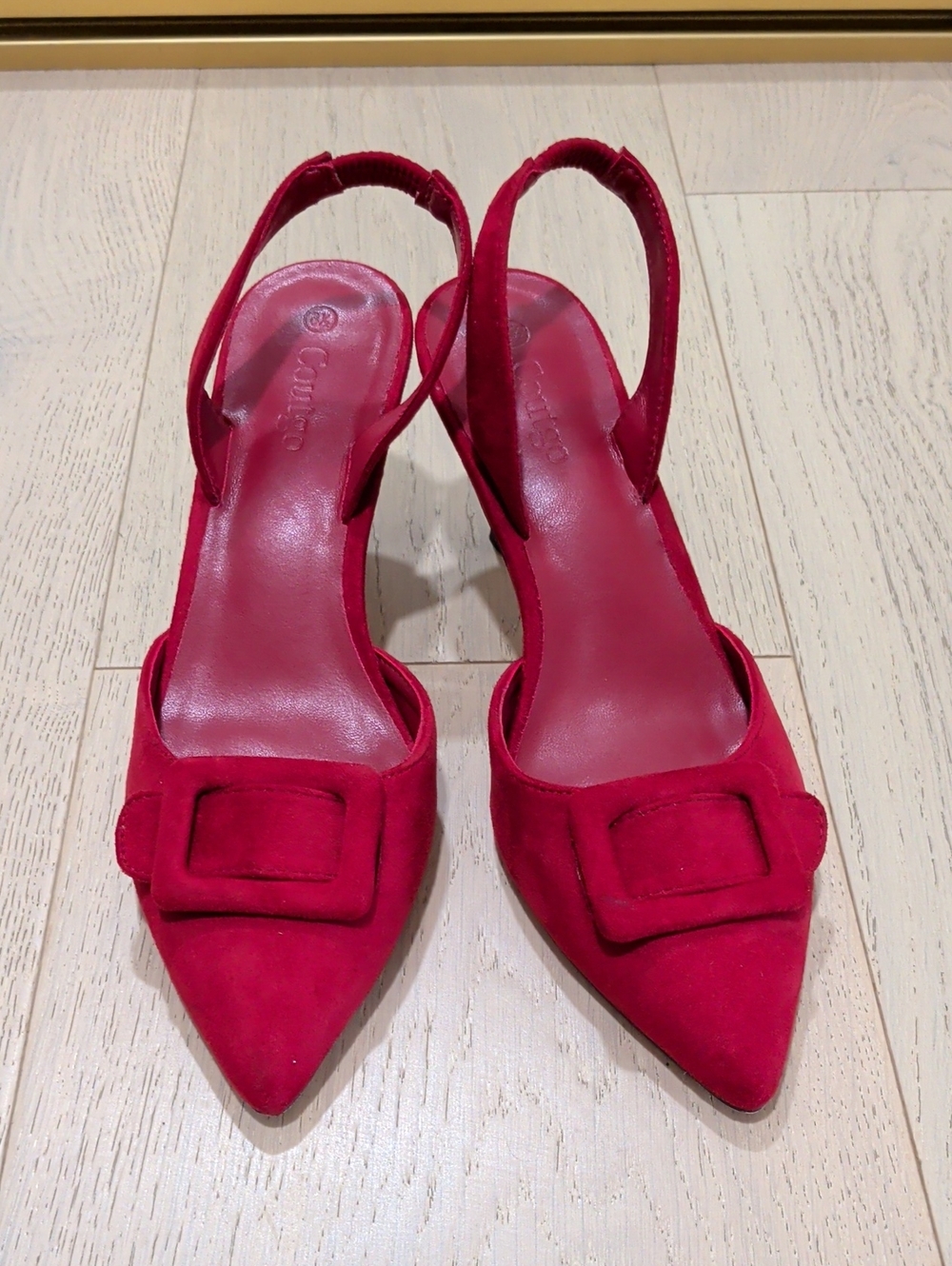Red Pointed Slingback Heels with Buckle Accent